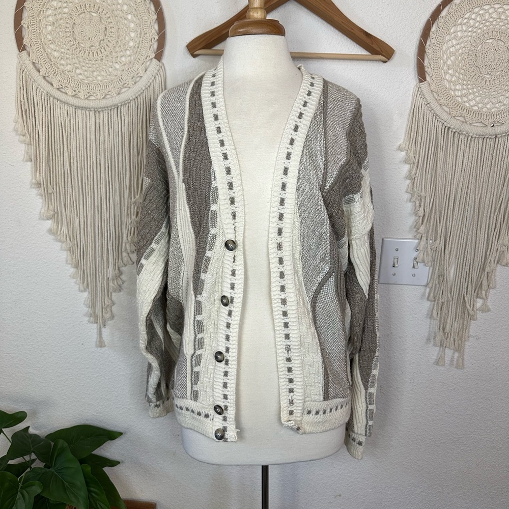 Alan Stuart men’s vintage grandpa cardigan cream and tan medium